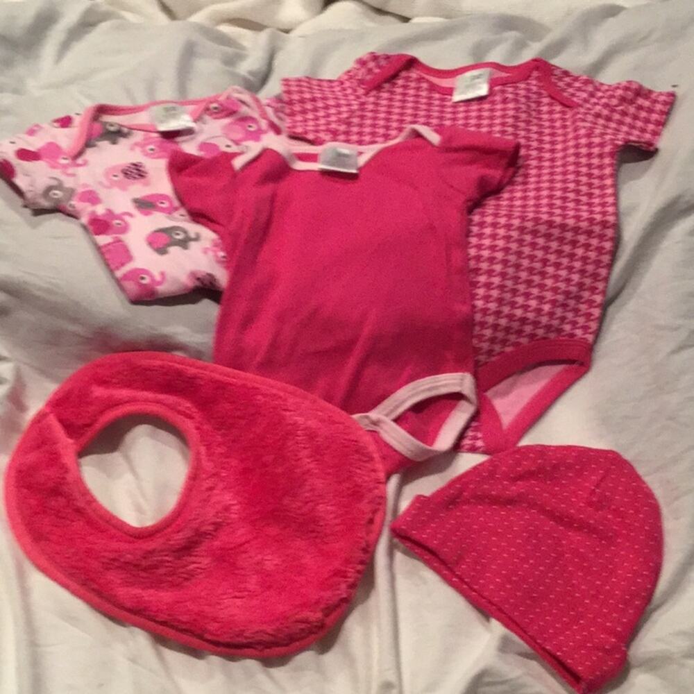 Baby bundle3 hot pink onesies, bib and hat.